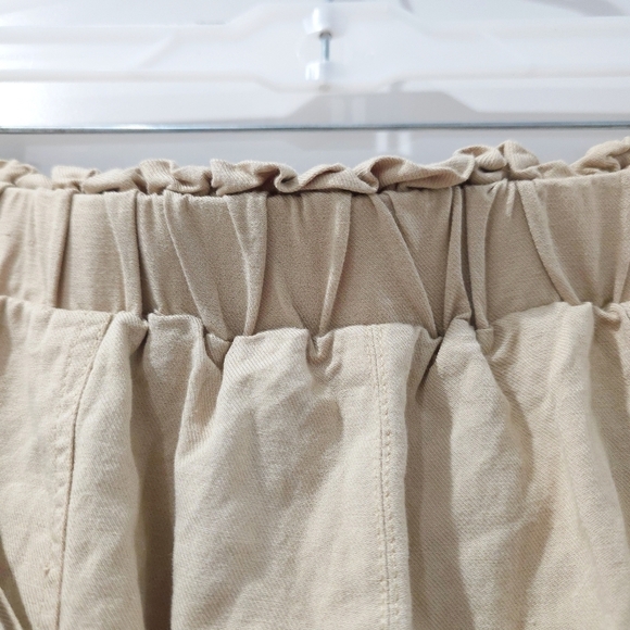 Tan Linen Cotton Blend Elastic Waist Midi Skirt, Tie Belt, Front Slit, Pockets - Picture 7 of 14